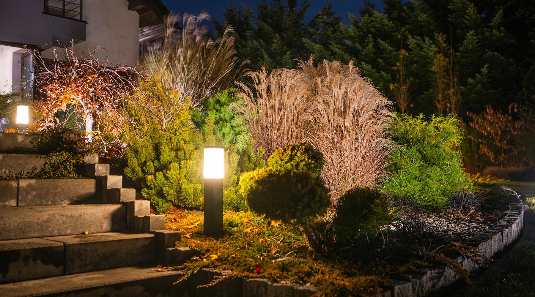 Outdoor lighting in Bee Cave Texas landscaped garden.